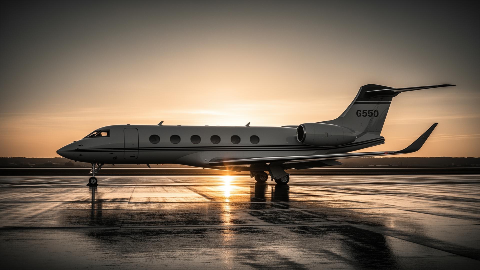 Private jet on a wet runway at golden hour